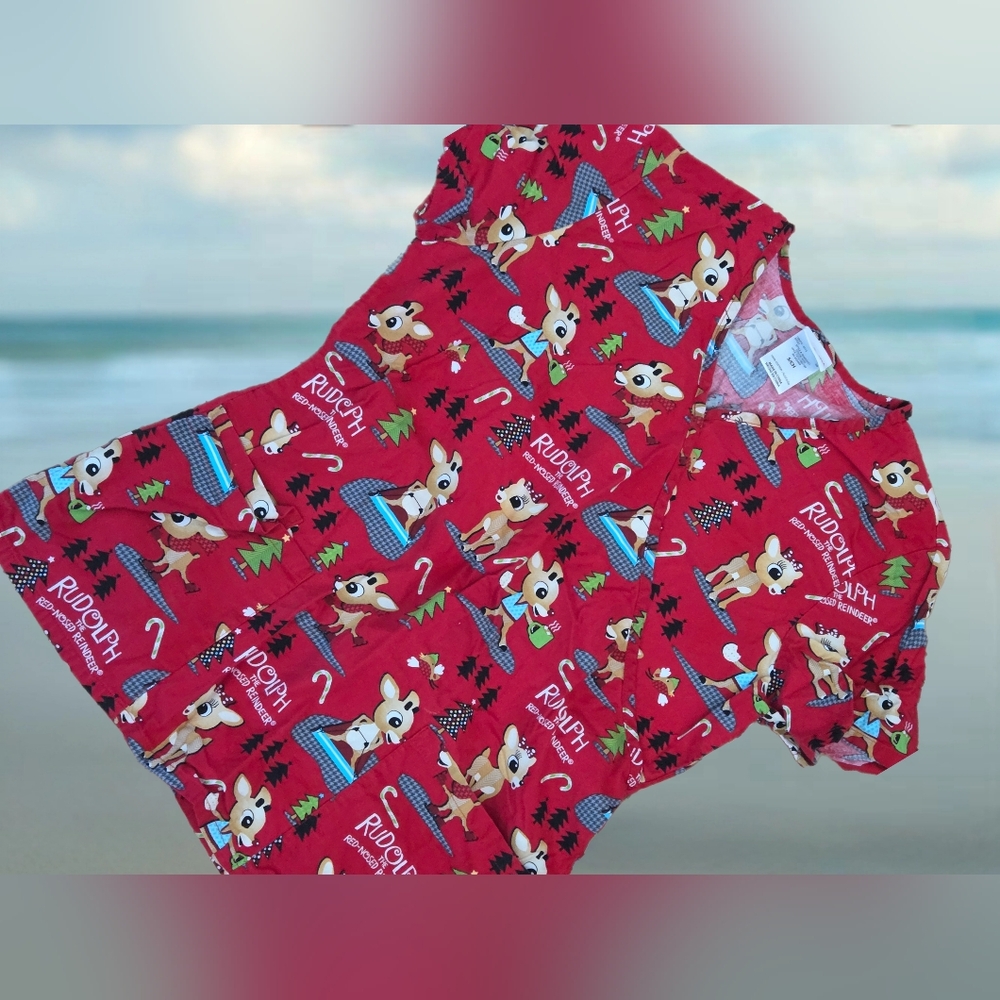 *0860 Rudolph Christmas Scrub Top Medical Women S